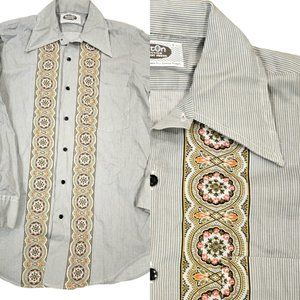 70s Retro Disco Shirt Mens M/L Seersucker Floral Dagger Collar Party Dress Shirt